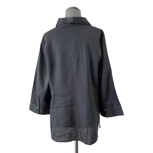 Women’s Shirt LINO USA Black Blouse 3/4 Sleeve Shirt Beads Embroidered Linen Top - Picture 5 of 8